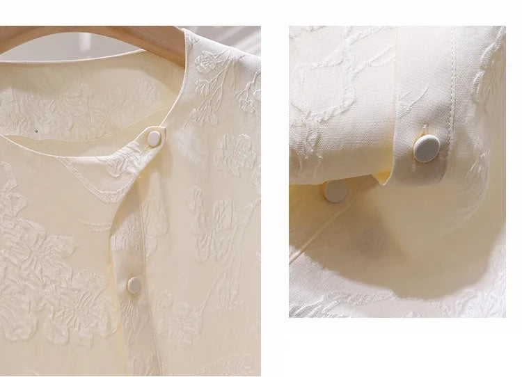 Collage of collar and placket detail of Pearl Bush jacquard silk blouse. From Borcelleclothes.