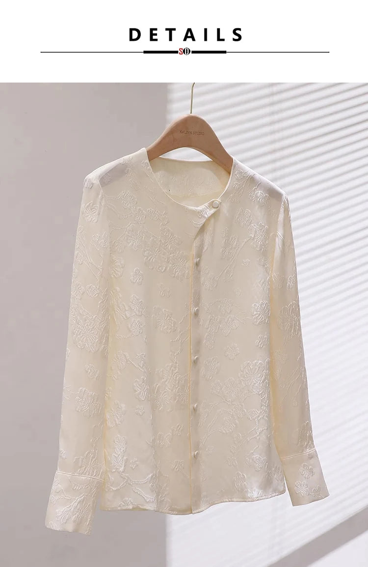 Pearl Bush jacquard silk blouse hanging, full front view. From Borcelleclothes.