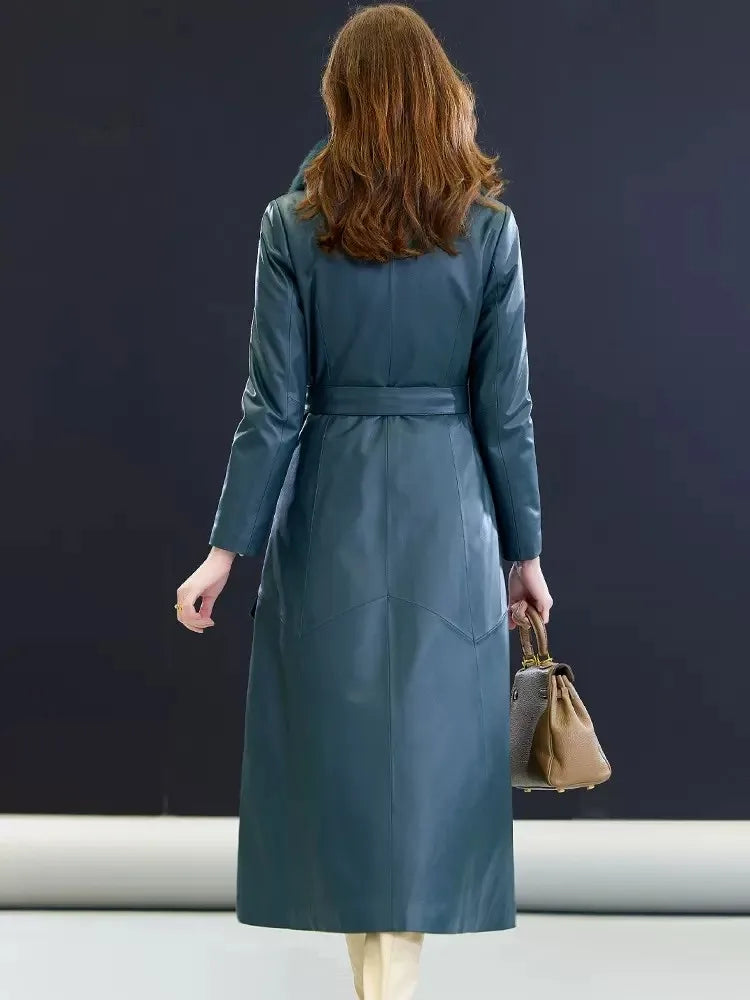 Women's Leather Coat of Prestige in Nile Blue. Full back view displaying the coat’s clean lines, tailored fit, and flowing leather construction. Borcelleclothes.
