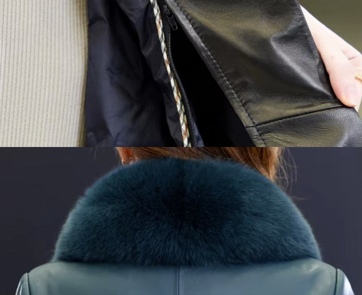 Women's Leather Coat of Prestige in Nile Blue. Collage showcasing the detachable insulated lining and the back view with the fox fur collar, emphasizing warmth and elegance in one design. Borcelleclothes.