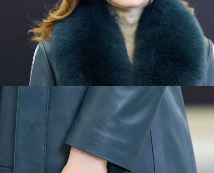 Women's Leather Coat of Prestige in Nile Blue. Collage displaying the detachable fox fur collar and precision-tailored sleeve ends, highlighting the coat’s versatility and attention to detail. Borcelleclothes.