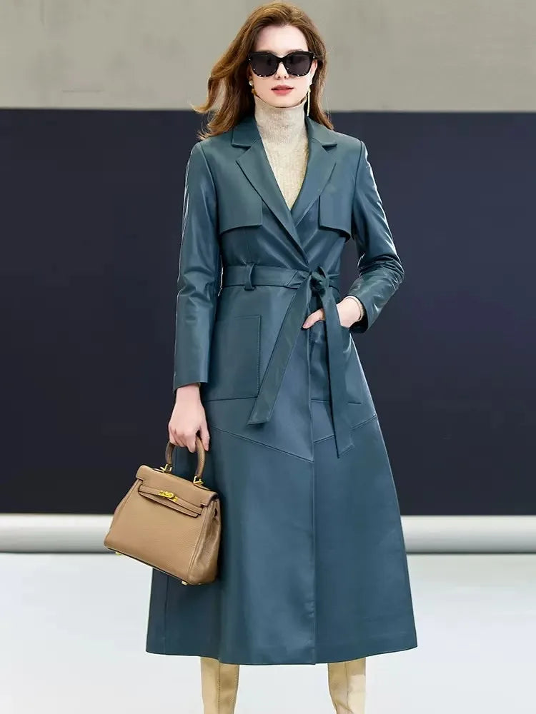 Women's Leather Coat of Prestige in Nile Blue, styled without the fox fur collar for a sleek, modern interpretation of its structured elegance. Borcelleclothes.
