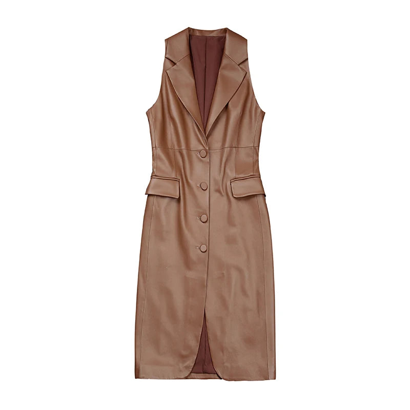 Women's Leather Midi Dress in French Beige. Full view of the dress, highlighting its structured yet fluid silhouette. Borcelleclothes.