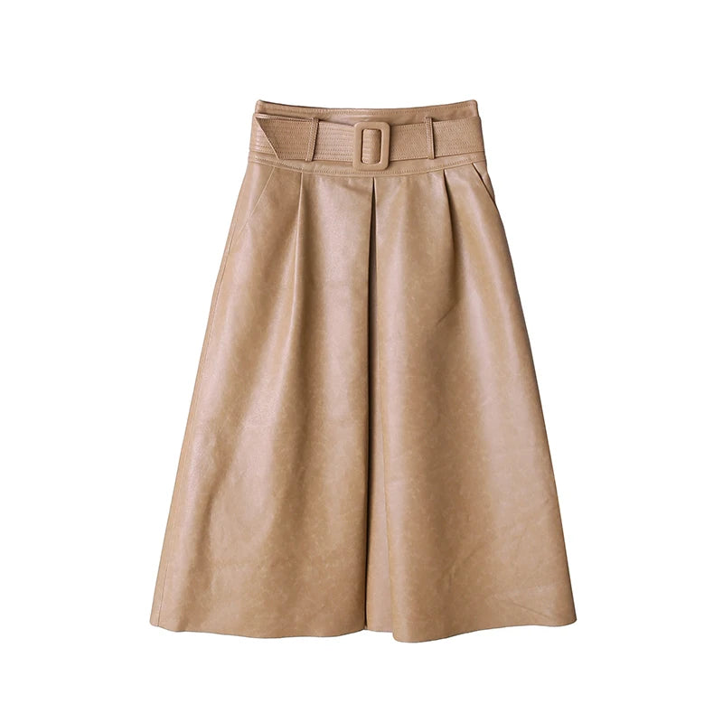 Women's Leather Midi Skirt in French Beige. Full view of the A-line silhouette, structured waistband, and tailored pleat detailing. Borcelleclothes.