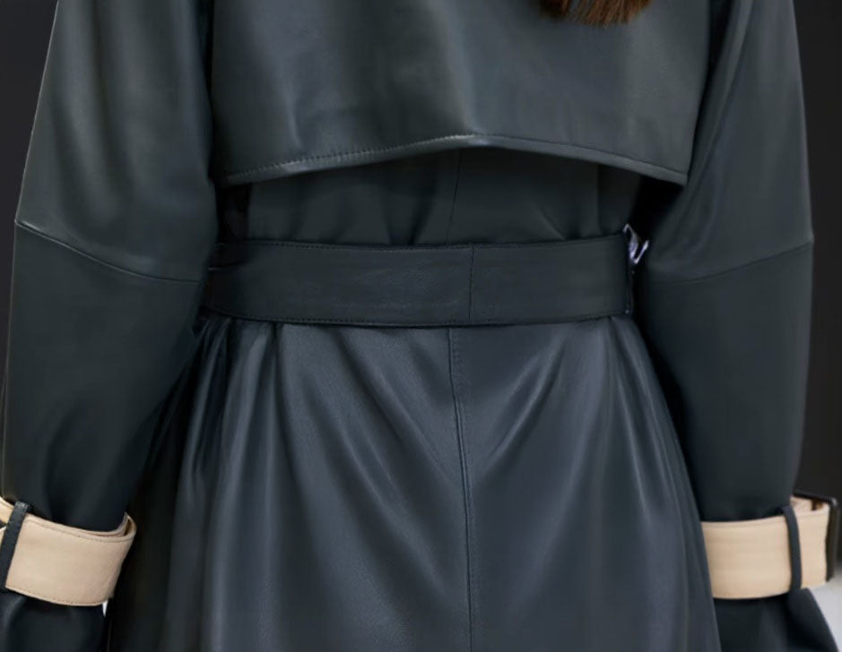 Women's Leather Outer Space Trench. Back midsection view highlighting the contrast leather detailing and sculpted fit. Borcelleclothes.
