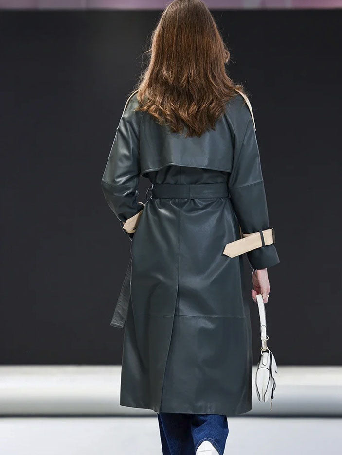Women's Leather Outer Space Trench. Full back view displaying the structured silhouette, contrast leather accents, and refined tailoring. Borcelleclothes.