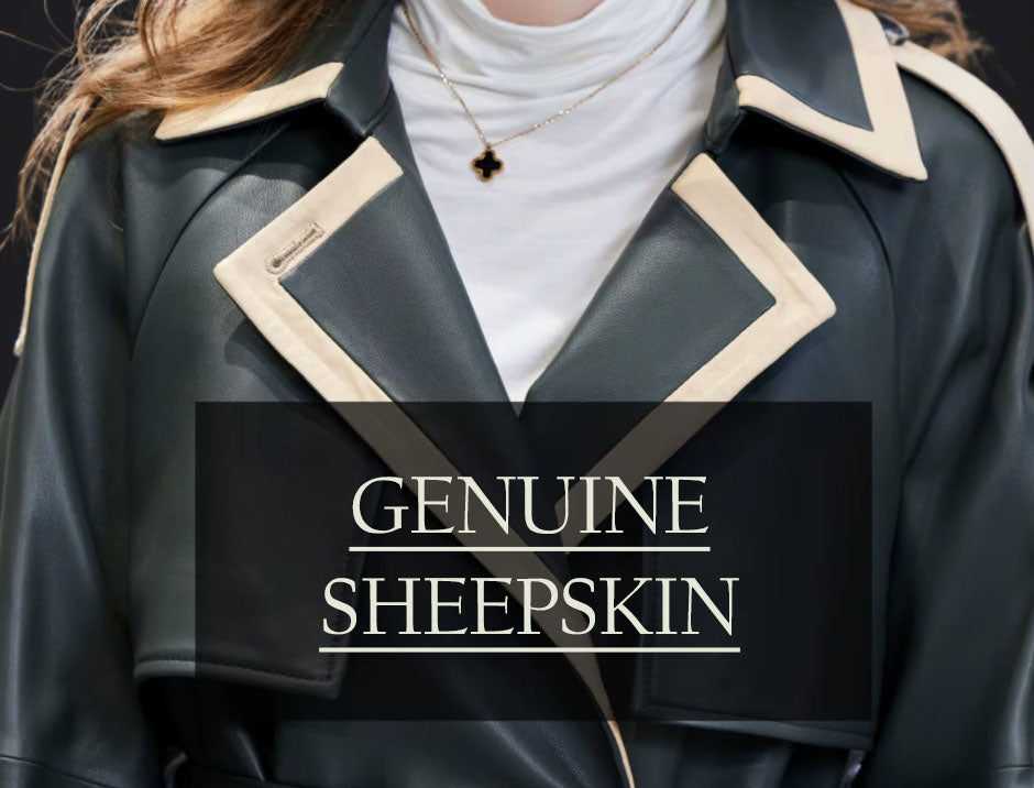 Women's Leather Outer Space Trench. Close-up of the upper section, showcasing the smooth, premium sheepskin texture and impeccable leather craftsmanship. Borcelleclothes.