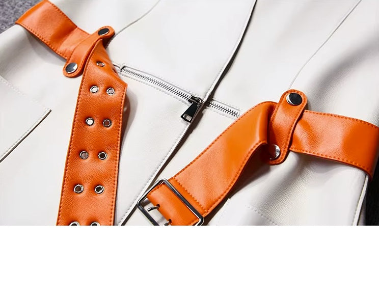 Women's Leather Wrap Vest in Magnolia. Close-up of the waist with the belt unfastened, showcasing the vest’s fluid wrap design and versatile styling options. Borcelleclothes.