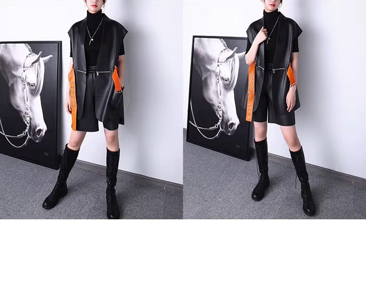 Women's Leather Wrap Vest in Onyx. Collage featuring the model resting a hand in the pocket and adjusting the front panel, highlighting the vest’s tailored precision and structured silhouette. Borcelleclothes.