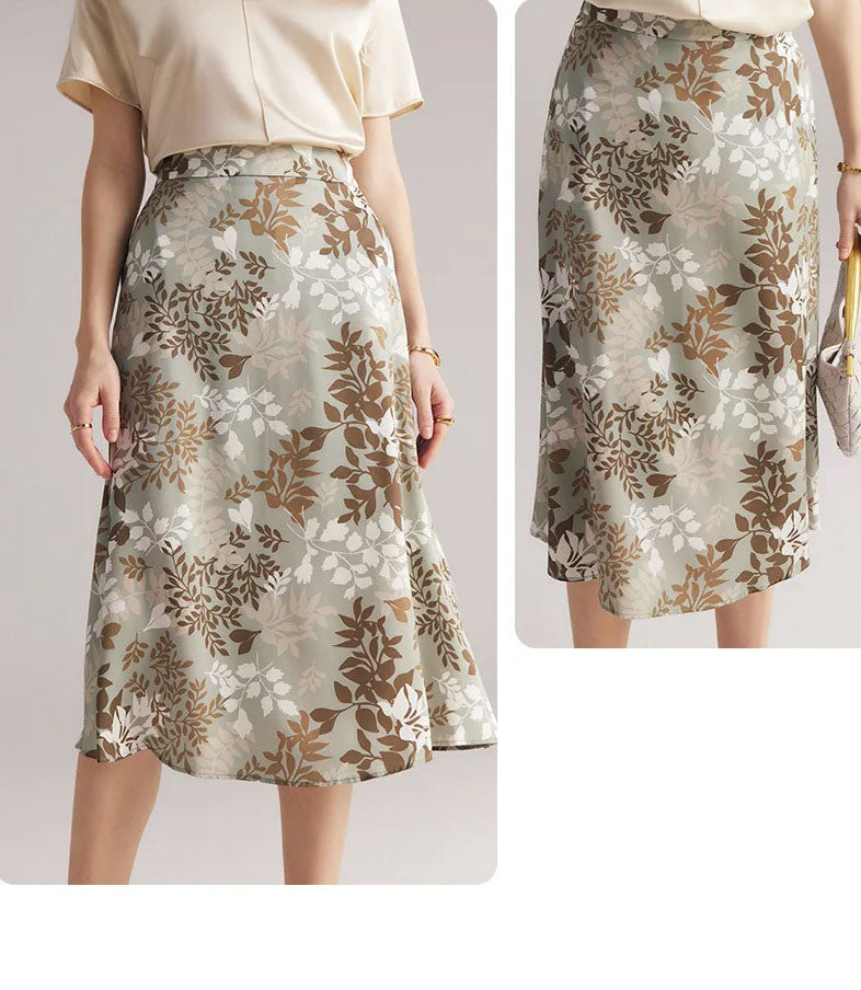 Collage showing model in Lemon Grass silk skirt with arms down and holding a neutral bag, highlighting form and styling. From Borcelleclothes.