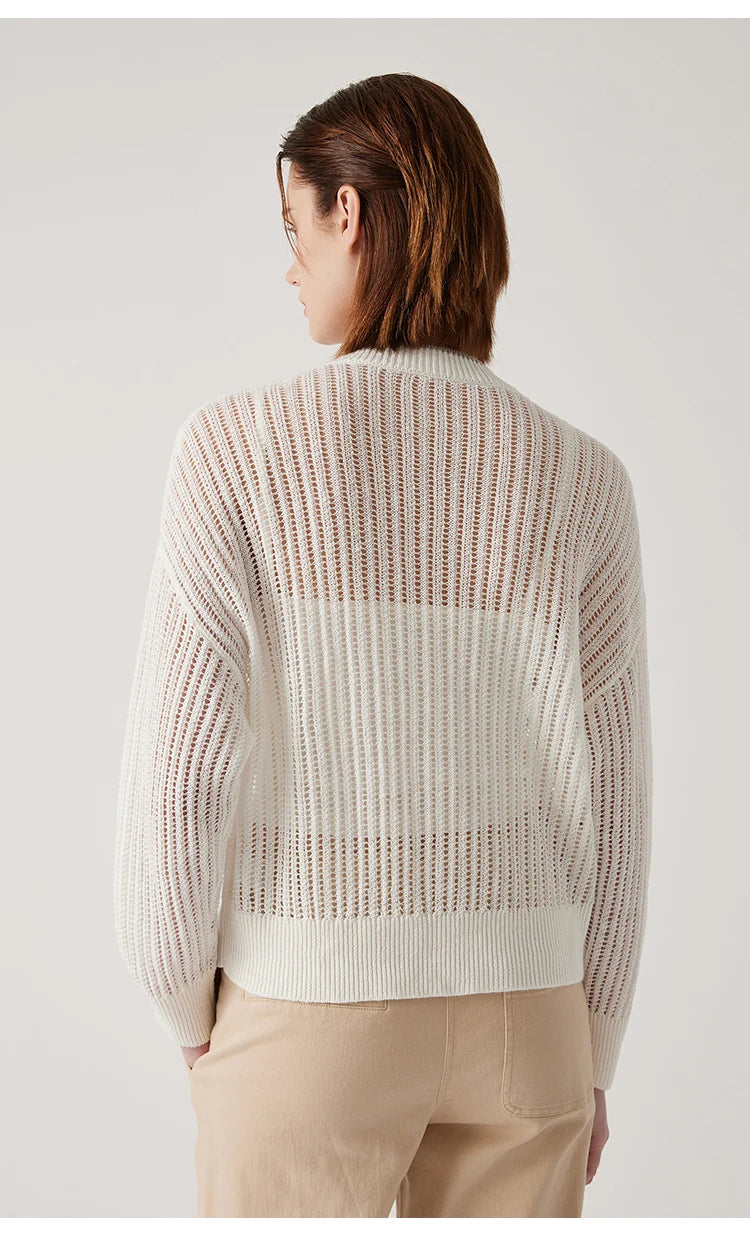 Back view of the linen cardigan in Wild Sand, showing vertical lace pattern and gently extended shoulder line. From Borcelleclothes.
