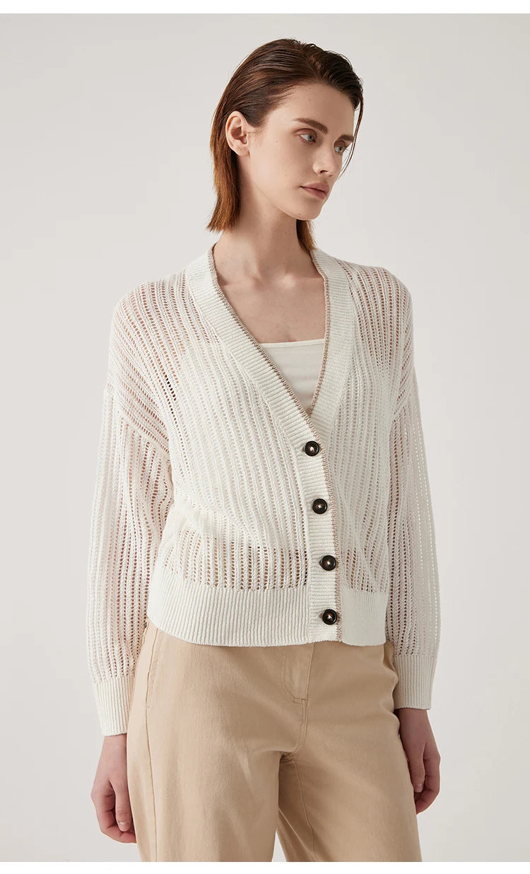 Close-up of woman in Wild Sand cardigan, head turned to the side, emphasizing neckline and contrast detail. From Borcelleclothes.