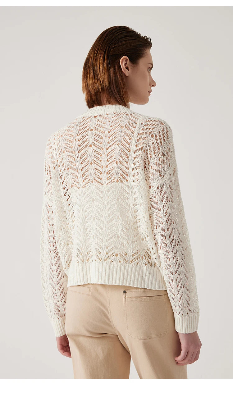 Back view of the Pearl Bush linen lace cardigan, softly flowing over the figure. From Borcelleclothes.