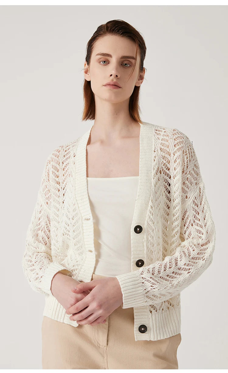 Model in Pearl Bush cardigan with fingers intertwined, revealing the delicacy of the openwork sleeves. From Borcelleclothes.