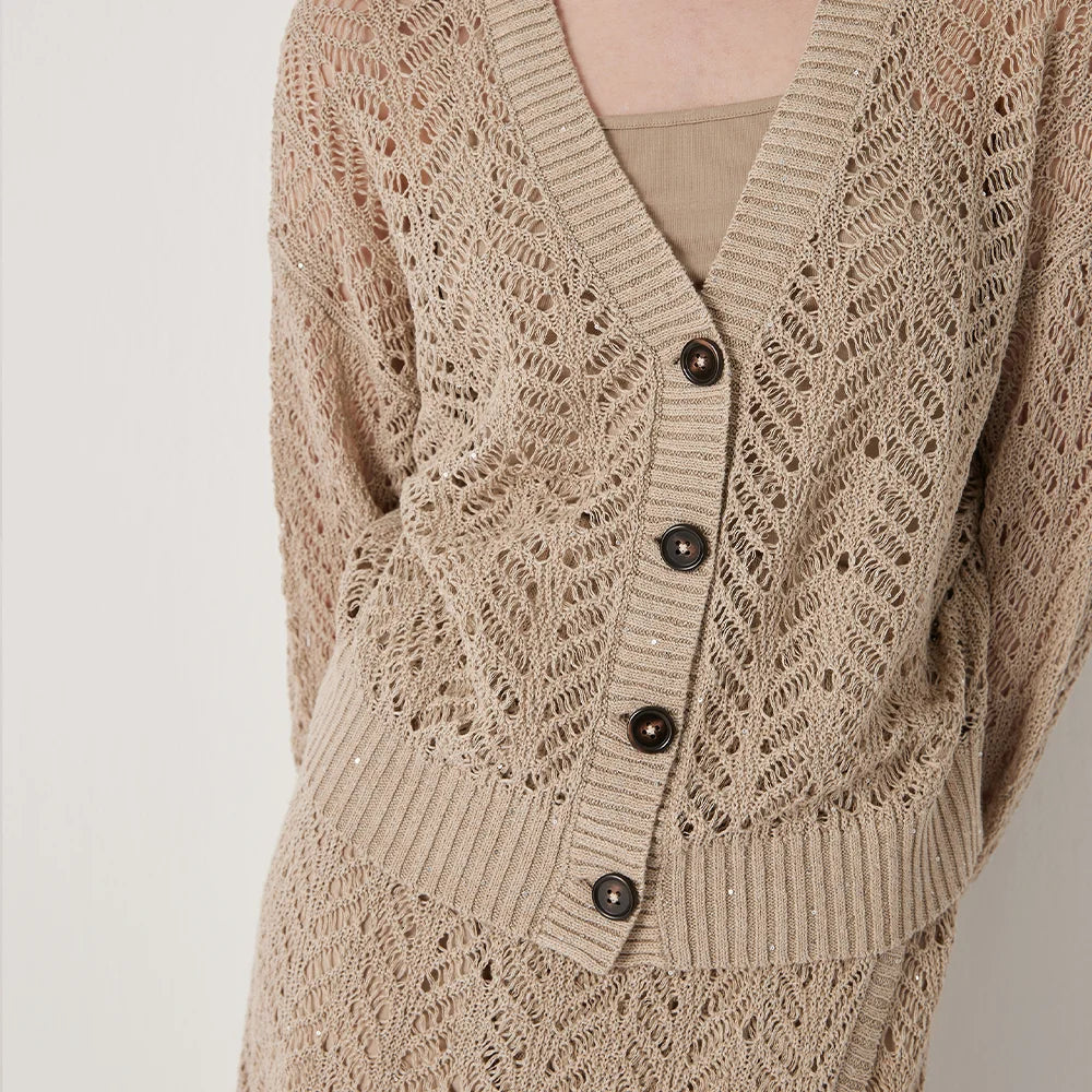 Close-up of the Vanilla cardigan’s middle and lower section, showing wide ribbed hem and airy lace. From Borcelleclothes.