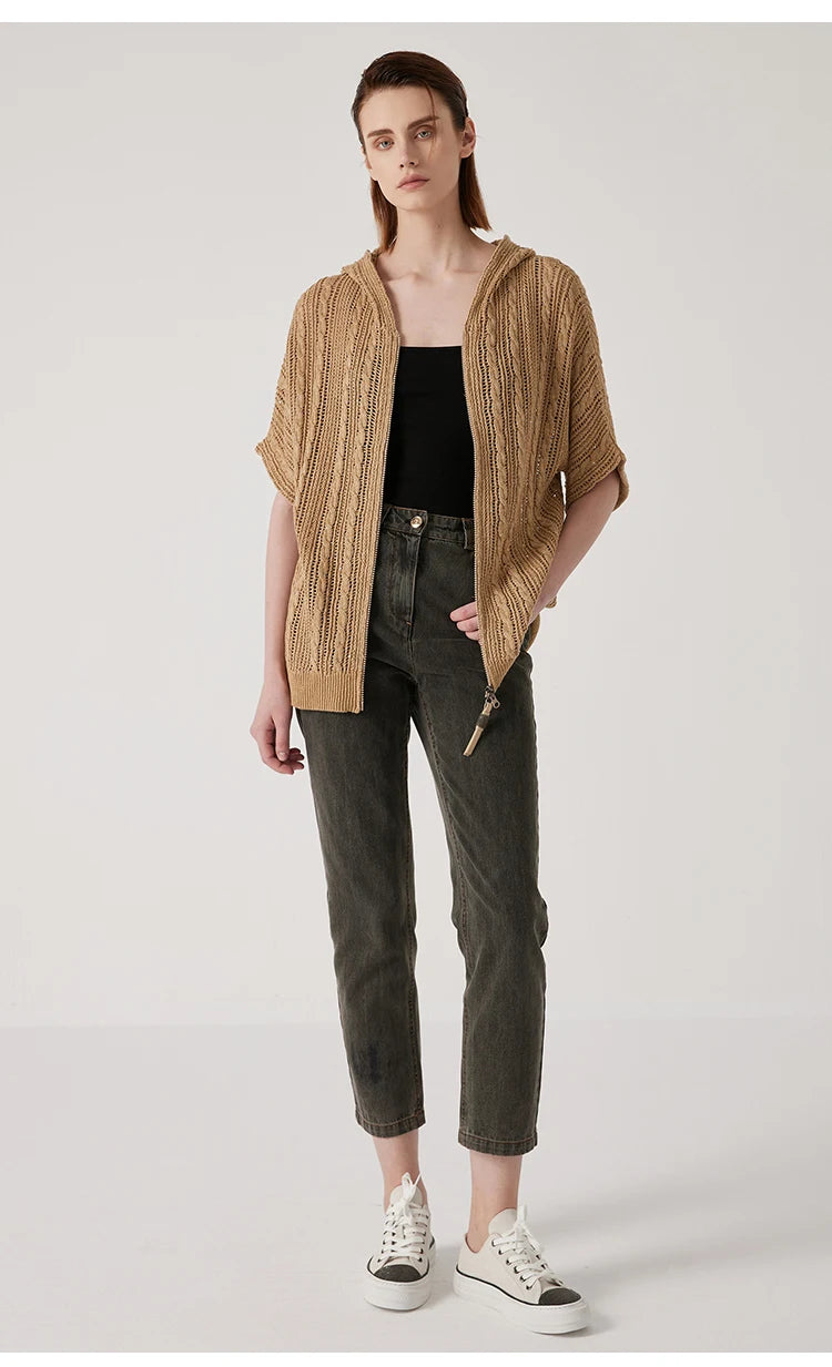 Full-length view of the mocha linen lace hoodie, styled with black pants to emphasize the garment’s contrast and lightness. From Borcelleclothes.