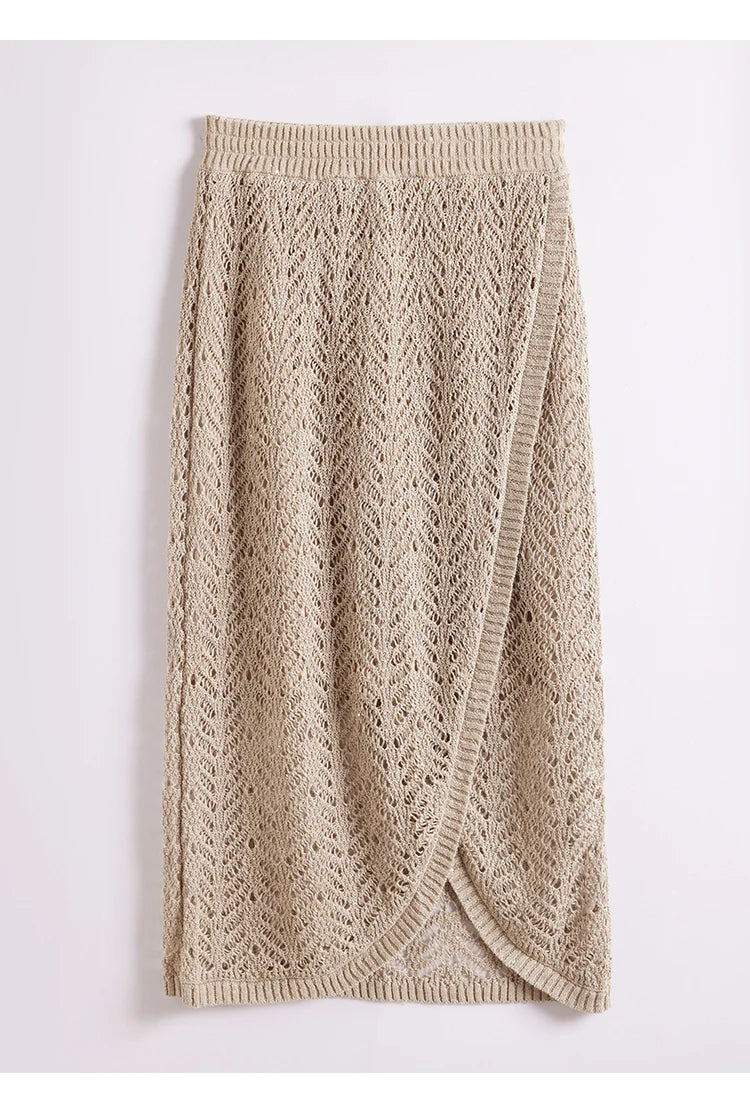 Close-up of the Vanilla skirt’s front wrap draping with visible knit relief and rhythm. From Borcelleclothes.