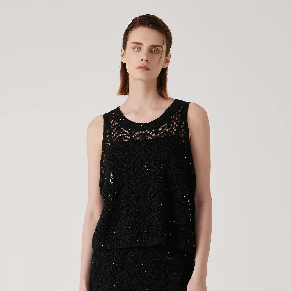 Women's Linen top in Onyx with wide ribbed neckline and airy openwork pattern, combining festive lightness with sculptural elegance. From Borcelleclothes.