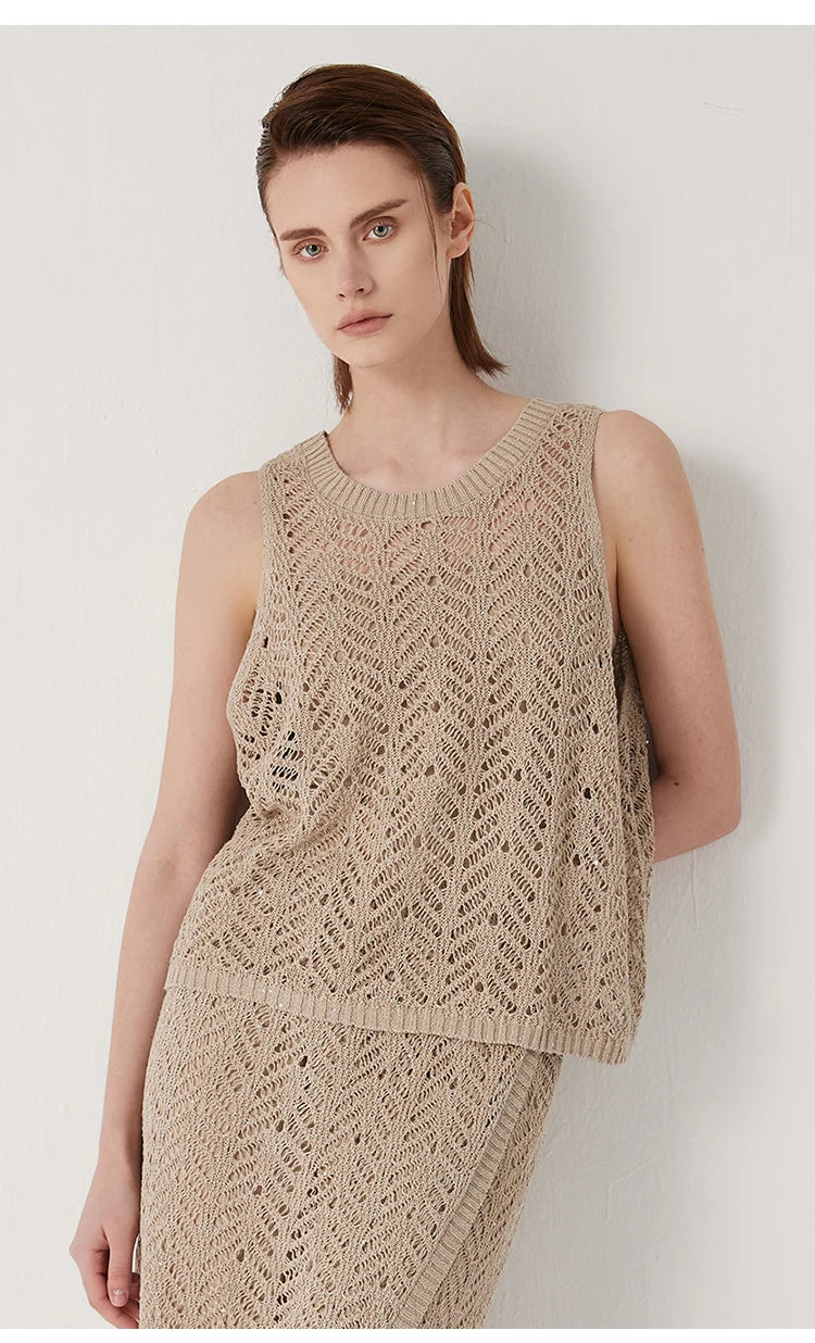 Women's Linen top in Vanilla with wide ribbed neckline and airy openwork pattern, combining festive lightness with sculptural elegance. From Borcelleclothes.