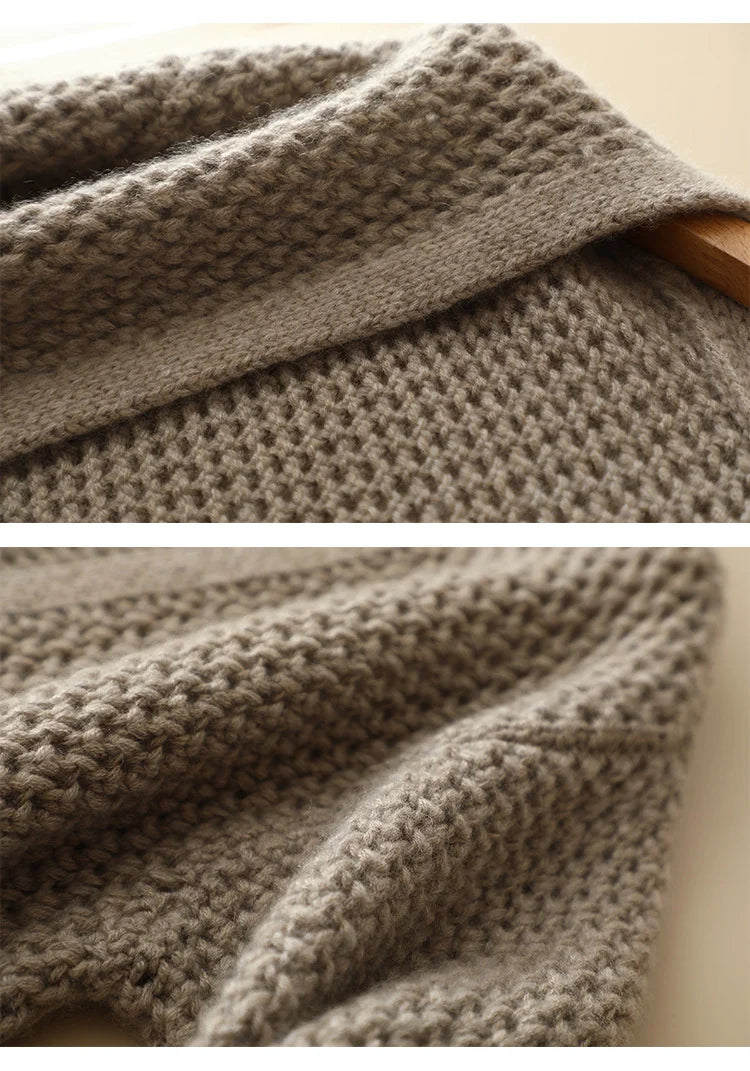 Beigewood cardigan in collage showing shoulder and placket construction — From Borcelleclothes.