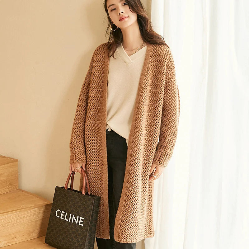 Fox-color cashmere mesh cardigan styled with a bag — From Borcelleclothes.