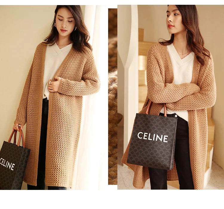 Fox-color cardigan with model crossing arms and adjusting the edge — From Borcelleclothes.