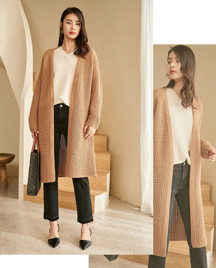 Model in Fox-color mesh cardigan, looking straight and side - collage — From Borcelleclothes.
