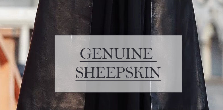 Women's Long Quilted Coat: Nightfall Embrace in Leather & Suede. Detailed view of the premium genuine sheepskin, showcasing its smooth, structured texture. Borcelleclothes.