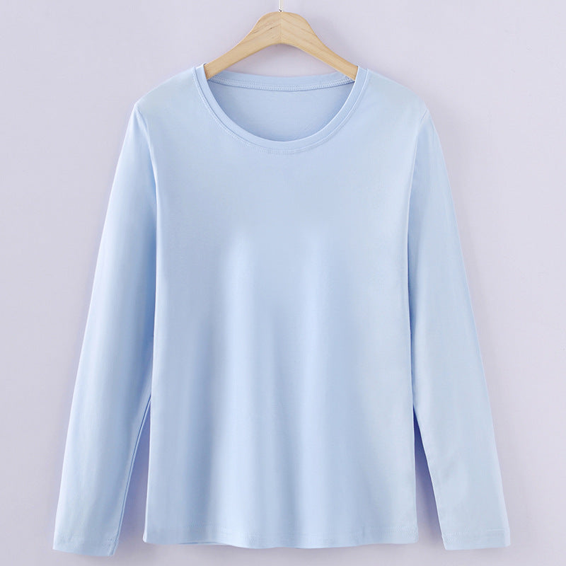 Women's Long Sleeve Mercerized Cotton T-Shirt in Hawkes Blue, featuring a classic crew neck design, long sleeves, and a sleek solid pattern. Made from luxuriously soft mercerized cotton for a refined look. From Borcelleclothes.