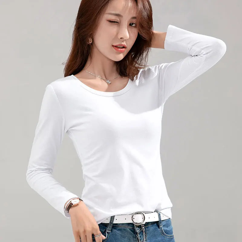 Another perspective of the Women's Long-Sleeve Scoop Neck T-Shirt in white, highlighting the soft, stretchy cotton blend and figure-flattering fit. This view showcases the scoop neck and long sleeves, offering a more complete understanding of the t-shirt's style and versatility. From Borcellecloths.