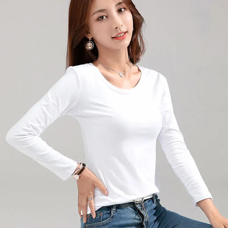 Women's Long-Sleeve Scoop Neck T-Shirt in White, featuring a soft and stretchy cotton blend for a comfortable, figure-enhancing fit. This versatile top offers a casual yet elegant look with its graceful scoop neck and solid pattern, perfect for layering or wearing on its own. From Borcelleclothes.