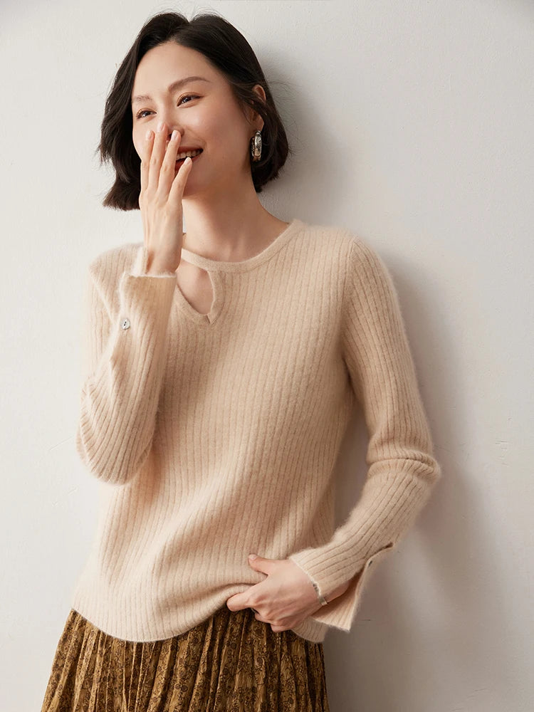 Women's Loop neckline cashmere sweater in wide ribbed knit with slit cuffs, shown in Almond color — From Borcelleclothes.