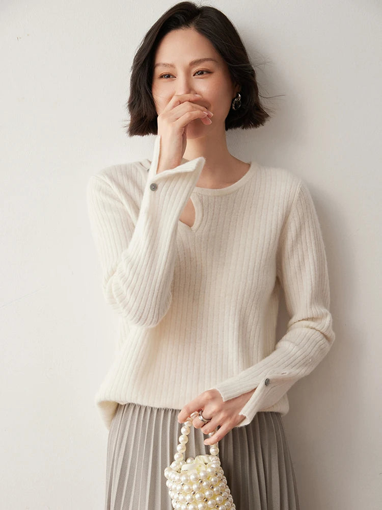 Women's Loop neckline cashmere sweater in wide ribbed knit with slit cuffs, shown in Pearl Bush color — From Borcelleclothes.