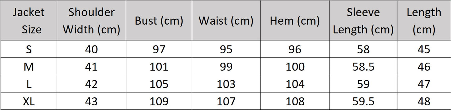 Women's size chart for a jacket of the two-piece set in Martini color with silver buttons and thread-fringed details on the jacket and wide-leg trousers. From Borcelleclothes.
