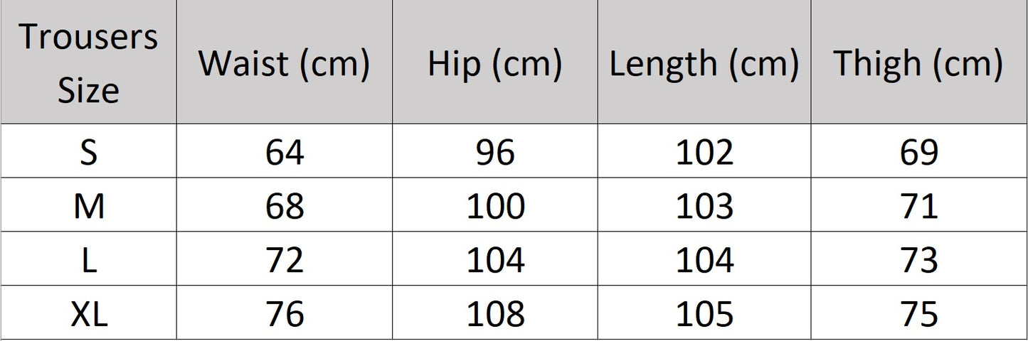 Women's size chart for trousers of the two-piece set in Martini color with silver buttons and thread-fringed details on the jacket and wide-leg trousers. From Borcelleclothes.