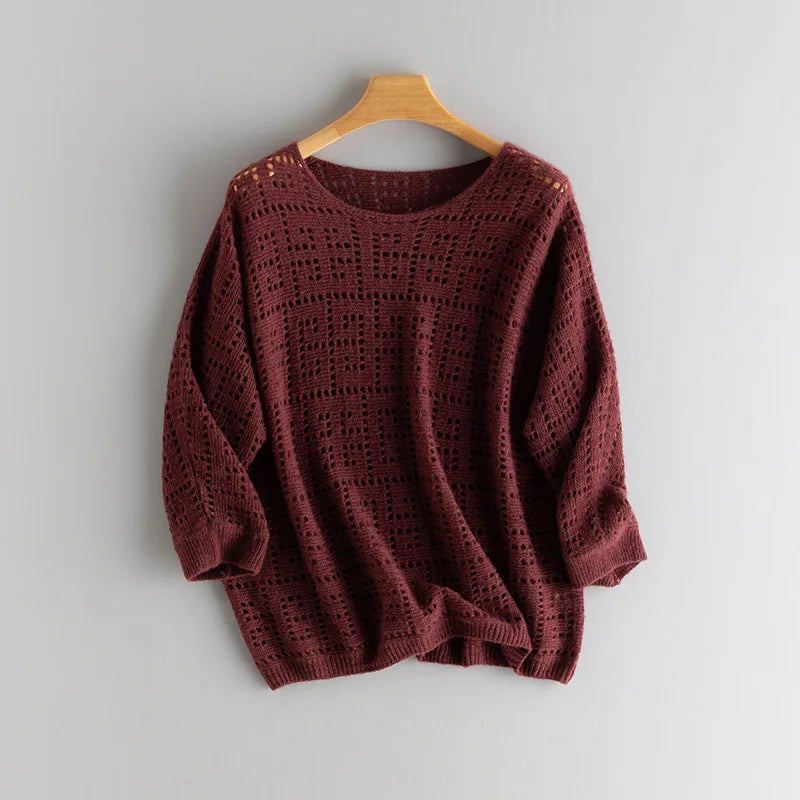 Women's openwork cashmere top in Bulgarian Rose, with batwing sleeves and geometric meander pattern — From Borcelleclothes.