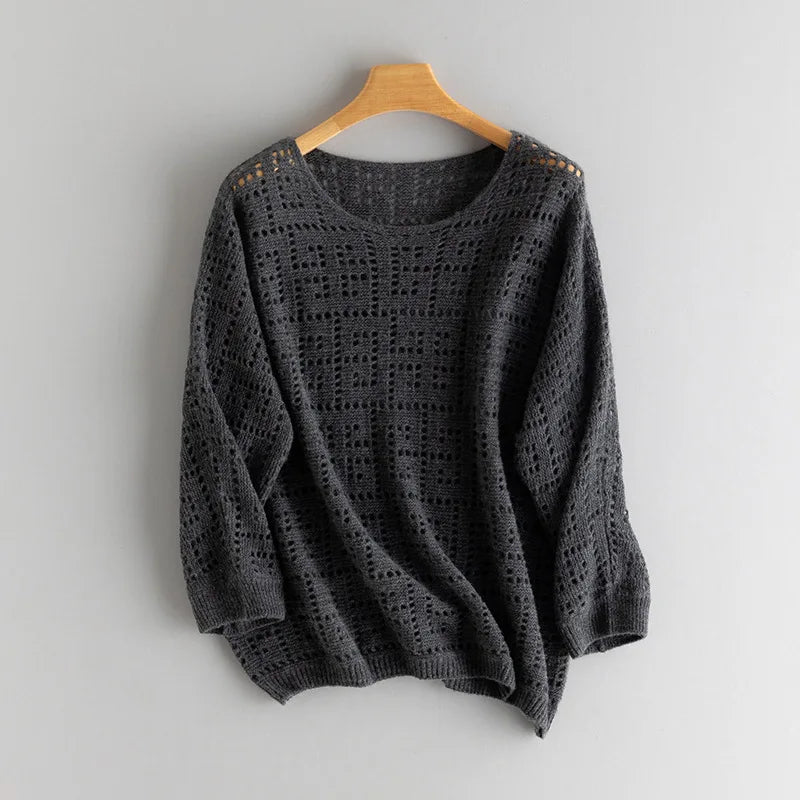 Women's openwork cashmere top in Night Sky, with batwing sleeves and geometric meander pattern — From Borcelleclothes.