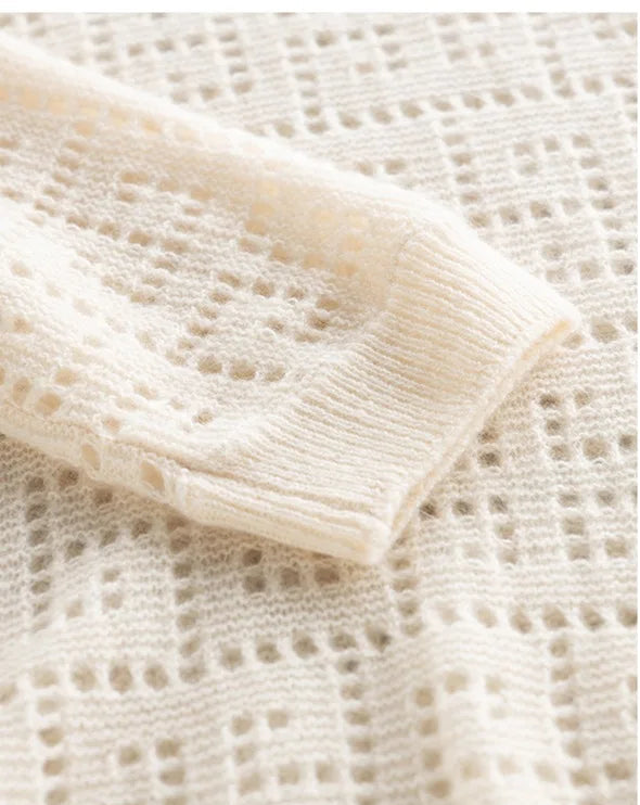 Cuff detail of the Meander openwork cashmere top – From Borcelleclothes.