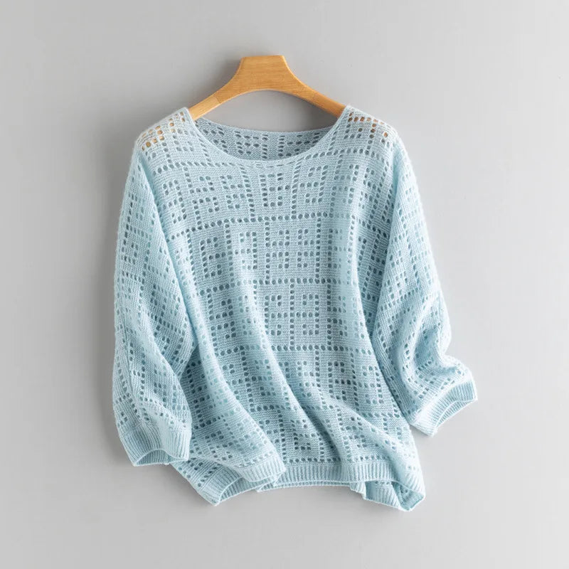 Women's openwork cashmere top in Seventh Heaven, with batwing sleeves and geometric meander pattern — From Borcelleclothes.