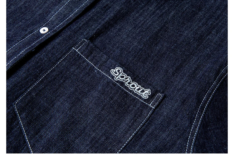 Detailed view of SPROUT embroidery on patch pocket — subtle narrative stitched into the shirt’s surface. From Borcelleclothes.