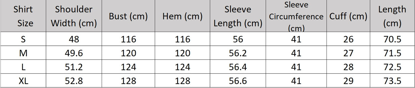 Women’s size chart for a shirt of the two-piece set in Midnight Express color featuring a loose-fit shirt with SPROUT embroidery and contrast topstitching, paired with wide-leg tucks trousers. From Borcelleclothes.