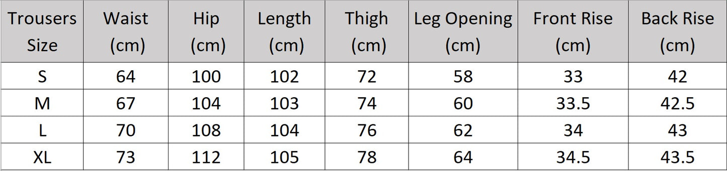 Women’s size chart for trousers of the two-piece set in Midnight Express color featuring a loose-fit shirt with SPROUT embroidery and contrast topstitching, paired with wide-leg tucks trousers. From Borcelleclothes.