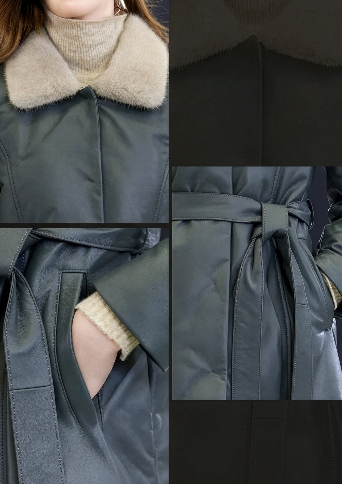 Collage showing the mink collar, single-welt pocket, and leather-belted waist of the minimalist sheepskin coat — From Borcelleclothes.
