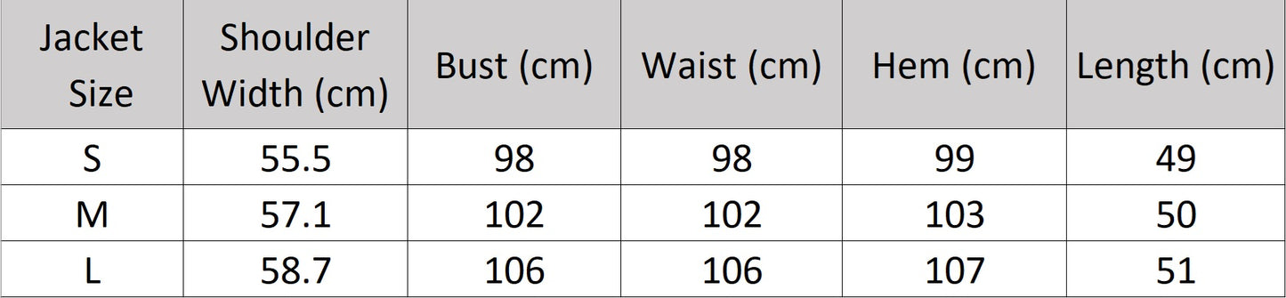 Women’s size chart for a jacket of the two-piece set in Mirage color featuring a structured sleeveless vest and straight-leg trousers — a refined, urban silhouette with minimalist strength. From Borcelleclothes.