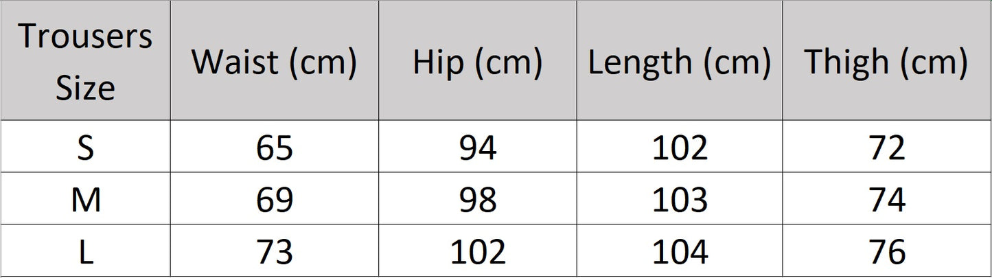 Women’s size chart for trousers of the two-piece set in Mirage color featuring a structured sleeveless vest and straight-leg trousers — a refined, urban silhouette with minimalist strength. From Borcelleclothes.