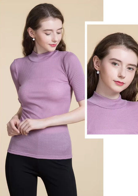 Collage of a Model wearing in Women's Mock Neck Wool Top in Lily color, crafted from 100% wool for chic style and seasonal flexibility. From Borcelleclothes.