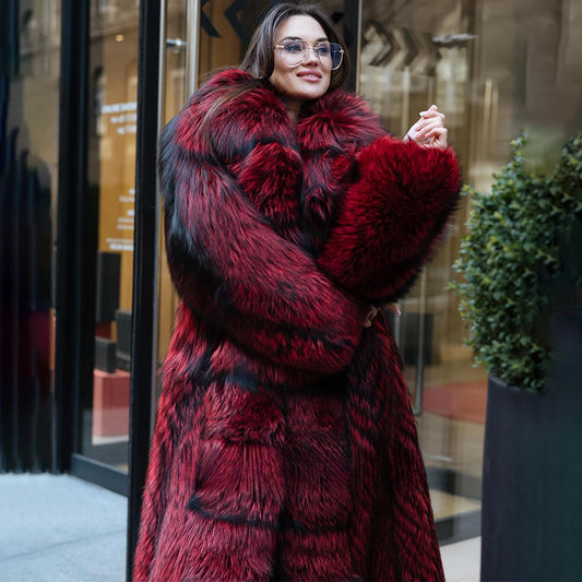 Women's Monarch Silver Fox Fur Coat in Monarch red, featuring an expanded shawl collar, mid-calf length, and voluminous silver fox fur texture, exuding confidence and presence. From Borcelleclothes.