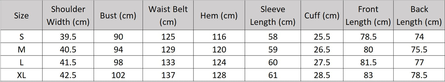 Women’s size chart for a Moon Mist wrap blazer with deep wrap, belt, and angled layered detail creating a quiet illusion of retro grace. From Borcelleclothes.