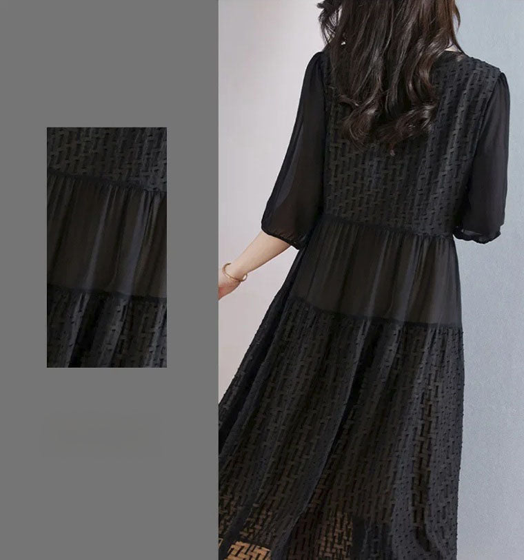 Collage showing Onyx georgette fabric draped to reveal texture, paired with a back view of the model—capturing the duality of movement and form. From Borcelleclothes.