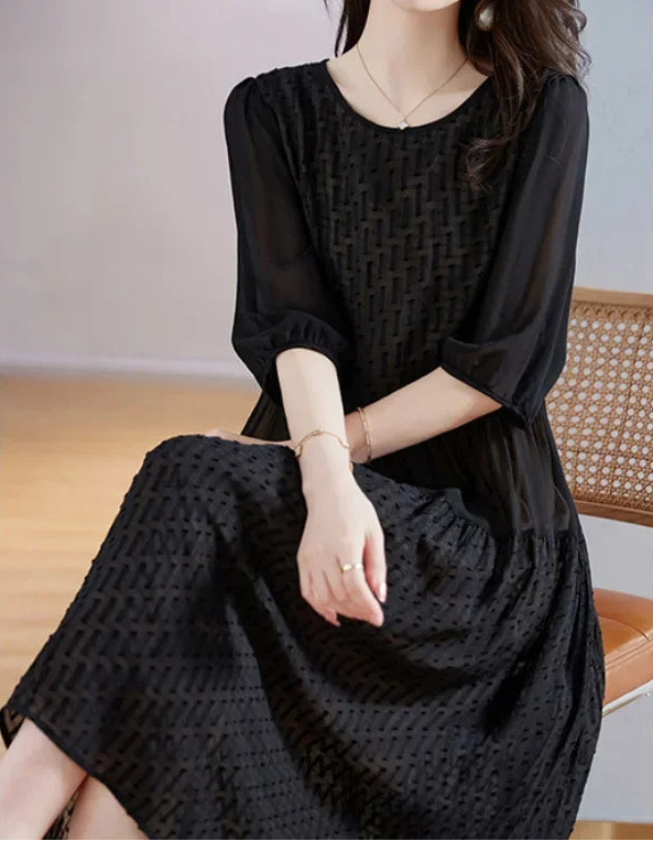 Mulberry silk georgette dress in Onyx, featuring embossed geometric texture with contrasting matte and sheen surfaces that shift with light. From Borcelleclothes.